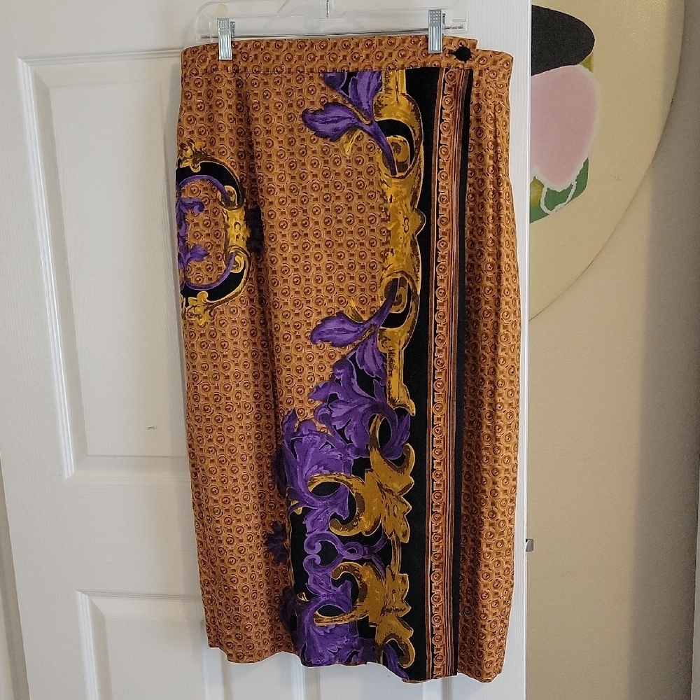 Stylish Wrap style lined Patterned Pencil Skirt elastic  Purple and Gold